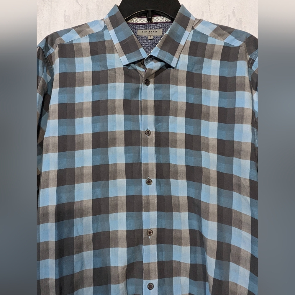 ☘️Ted Baker Weybiza Slim Blue Plaid Roll Sleeve Button Down Shirt Size 5 Large - Picture 4 of 8